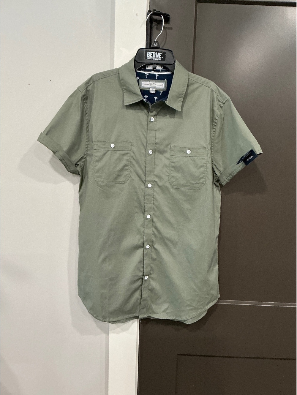 PD&C Men's Olive Green Short Sleeve Stretch Button-Up Shirt Medium